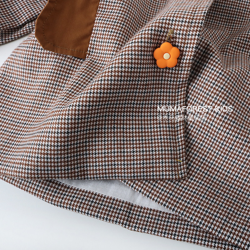 트로이 숲 봄과 가을 소녀 HOUNDSTOOTH 대형 옷깃 윈드 브레이커  소녀 꽃 단추 중간 길이 서양식 재킷