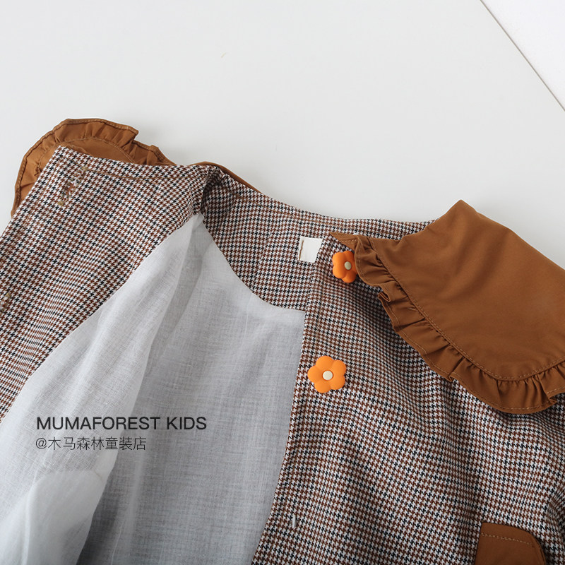 트로이 숲 봄과 가을 소녀 HOUNDSTOOTH 대형 옷깃 윈드 브레이커  소녀 꽃 단추 중간 길이 서양식 재킷