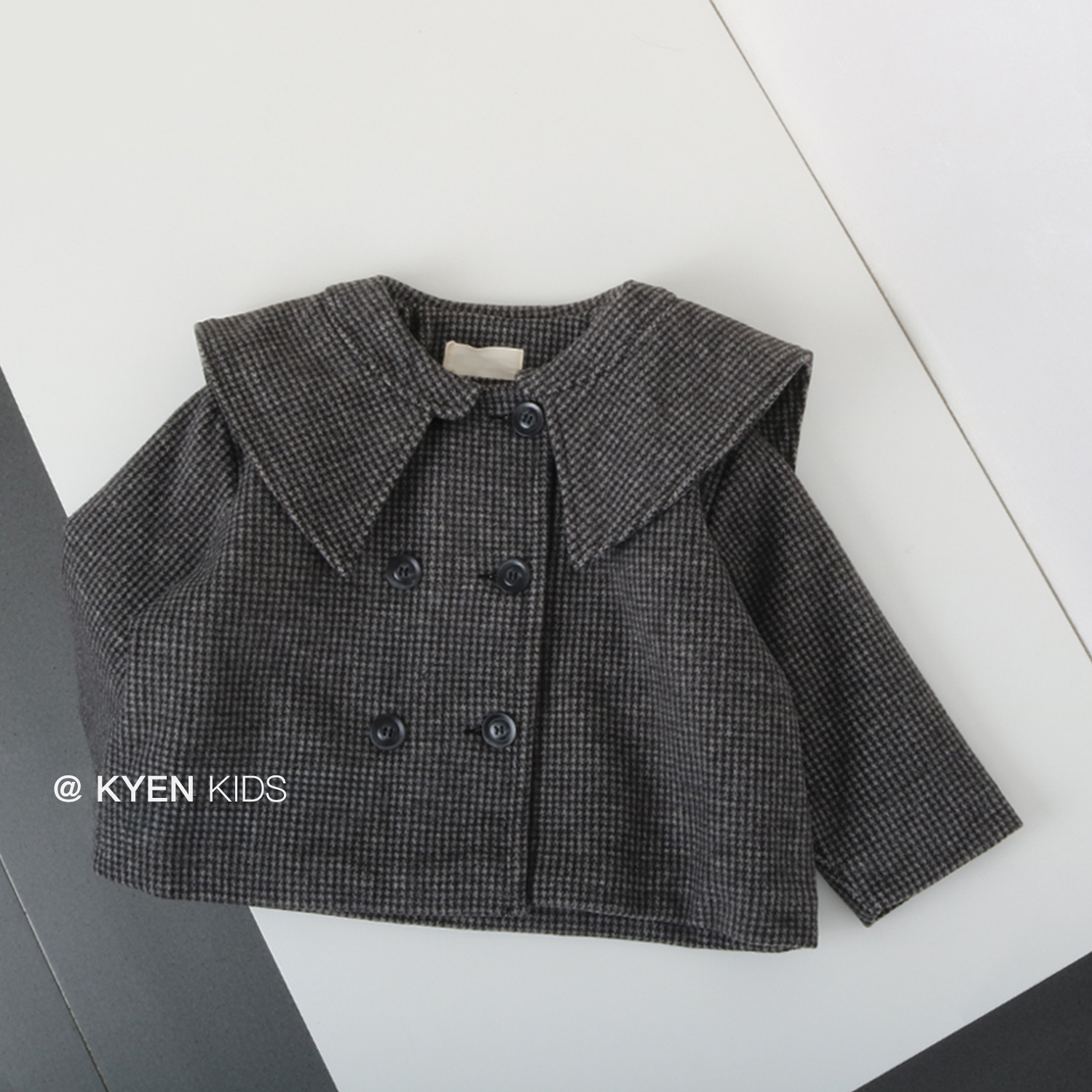 2025冬款女童外套海军格子领千鸟格呢大衣儿童翻领双排扣短款童装