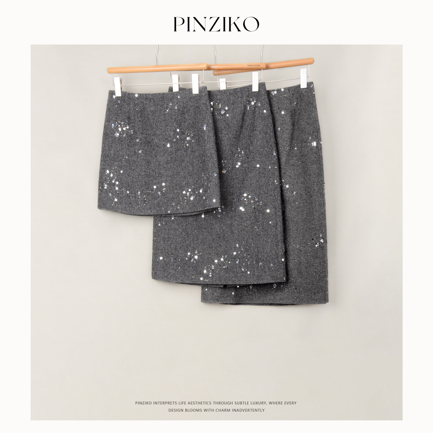 PINZIKO 大兔子 法式重工羊毛亮片女秋冬新款时尚显瘦半身裙