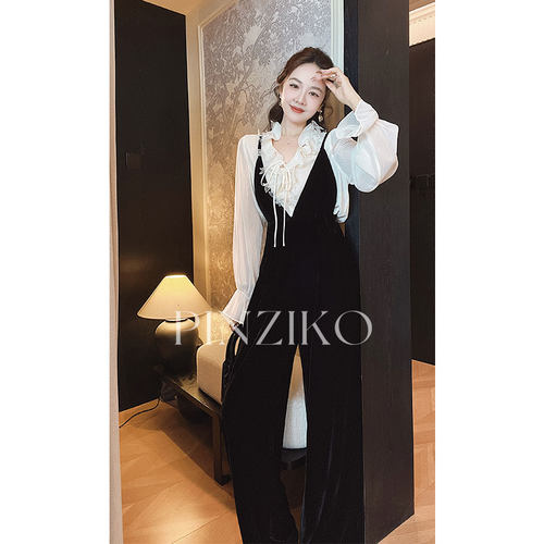 V领高腰丝绒背带裤女休闲裤