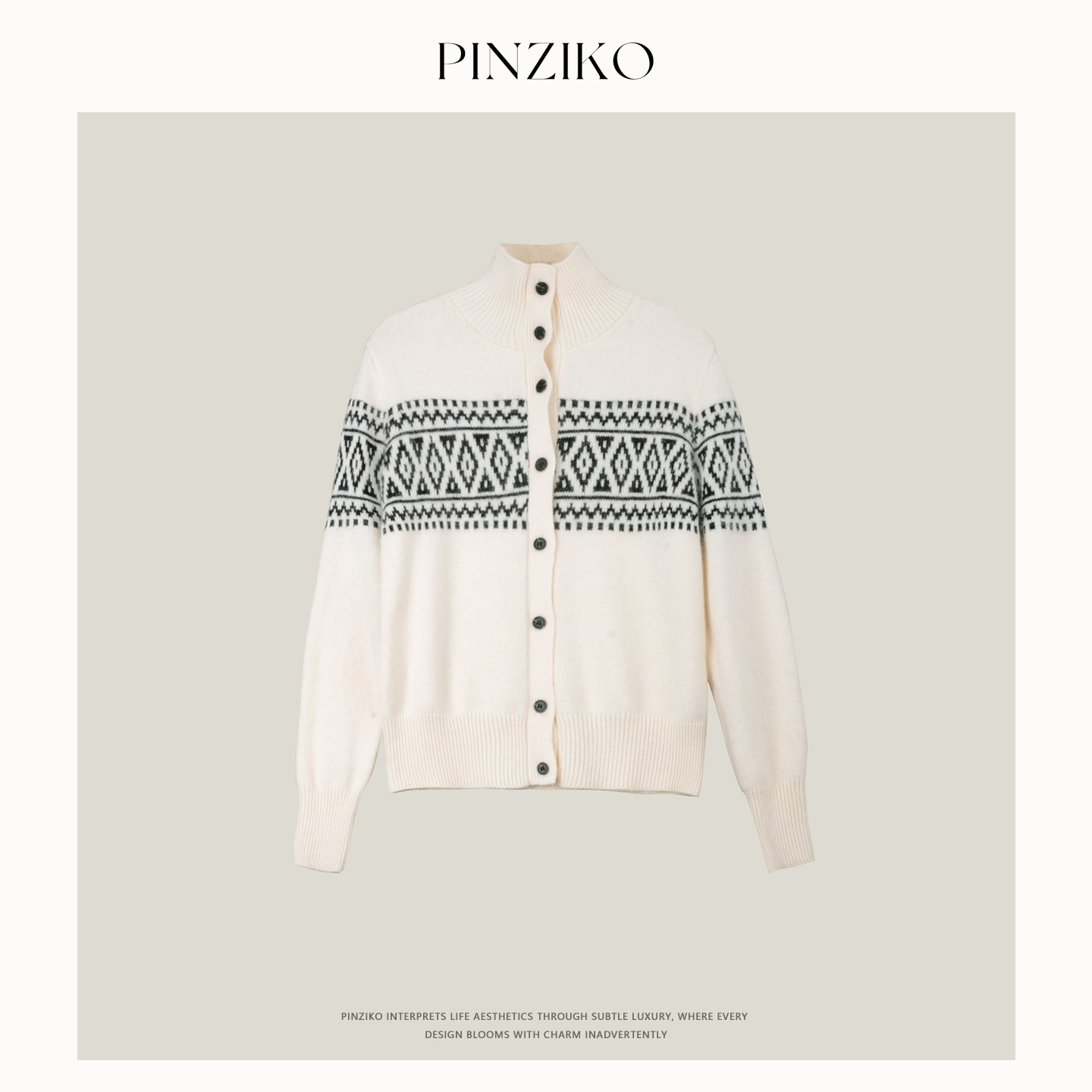 PINZIKO 大兔子 浣熊绒绵羊毛混纺高领带扣针织衫保暖费尔岛毛衣