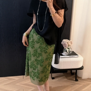 PINZIKO 大兔子 法式重工钉珠亮片花朵夏高腰显瘦百搭气质半身裙