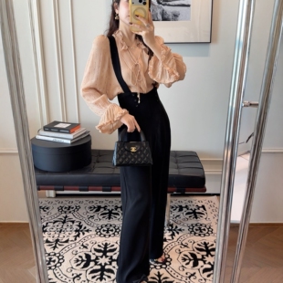 女黑色百搭休闲直筒裤 PINZIKO 显瘦高腰背带裤 法式 大兔子