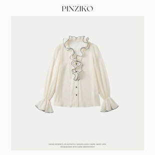 新款 春季 设计感V领木耳边长袖 衬衣法式 PINZIKO 花边衬衫 大兔子