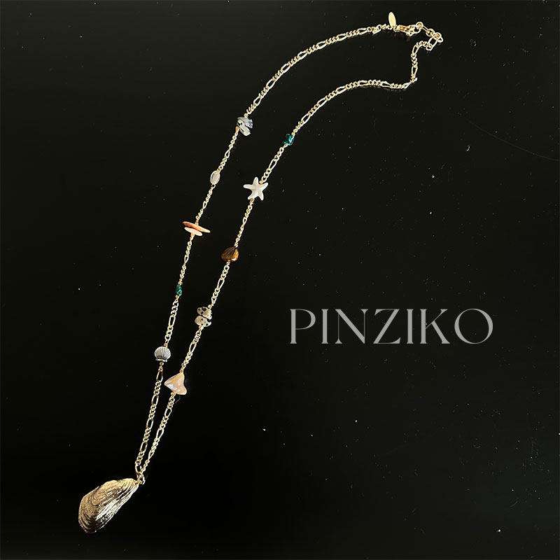 PINZIKO 大兔子 天然石头铜镀真金贝壳项链女复古百搭气质项链