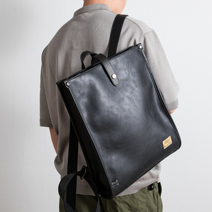 新款 双肩包PU皮大容量复古方形大学生书包青年电脑背包潮 日系男士