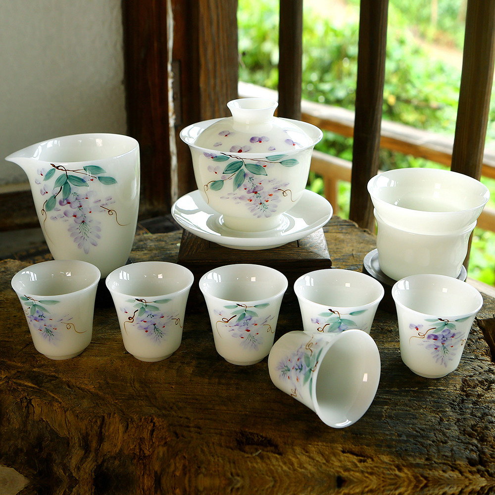 祥越冰种羊脂玉瓷手绘紫藤花功夫茶具悬停盖碗整套办公泡茶碗陶瓷