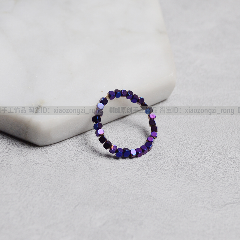 天然黑胆石戒指2mm方块珠指环