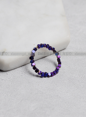 Ciel原创手工天然黑胆石戒指2mm方块珠四方珠指环尾戒骨戒紫色女