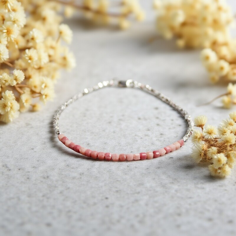天然蔷薇辉石方糖珠+925纯银方片