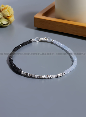 Ciel原创手工天然海蓝宝黑曜石2mm方糖珠925纯银方片手链脚链补水