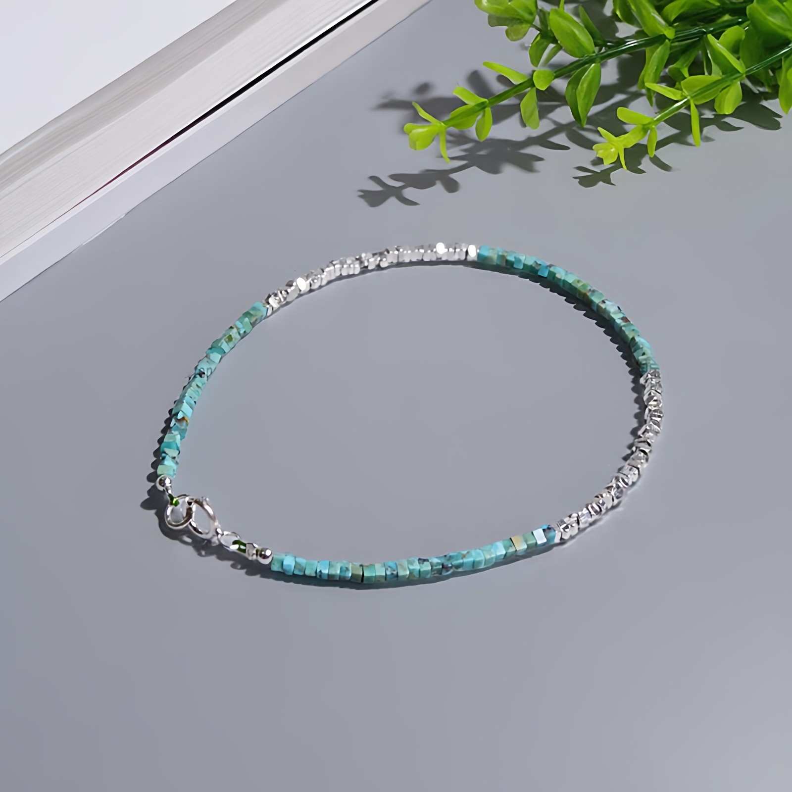 Ciel原创手工天然绿松石迷你手链极细925纯银碎银方片珠1.5mm脚链,饰品/流行首饰/时尚饰品新,手链,淘宝优惠券,粉丝福利购,淘宝优惠卷