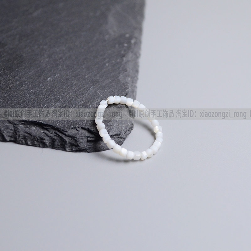 天然银丝贝母戒指方糖珠指环白色