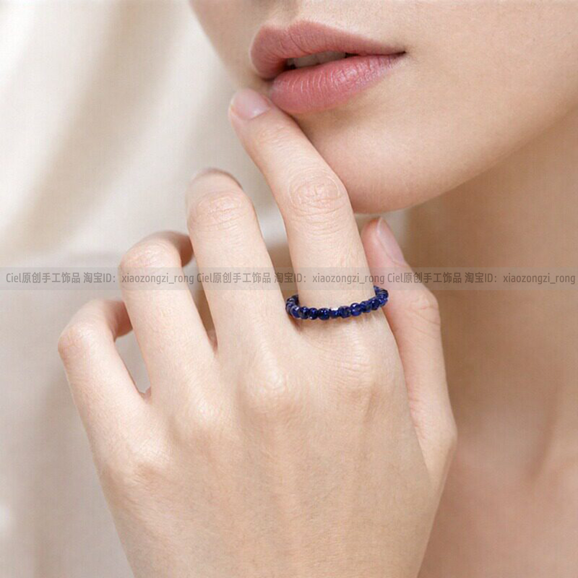 天然蓝砂石戒指2mm方块珠男女