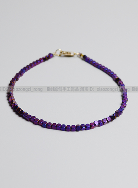 Ciel原创手工天然黑胆石手链2mm方块珠四方细小脚链项链小众紫色