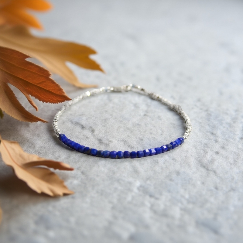 天然青金石方糖珠+925方片纯银女