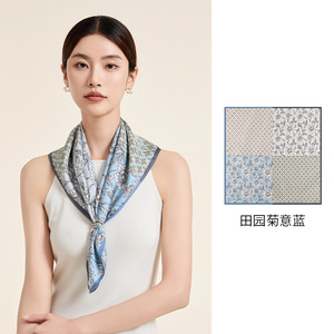 蓝色雏菊100%桑蚕丝丝巾百搭护颈方巾真丝披肩时尚优雅38节送妈妈