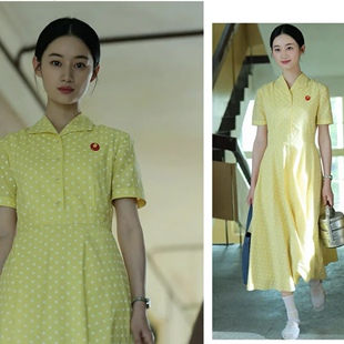 纯真年代的爱情郭晓婷方穆静同款高品质黄色波点连衣裙（带里衬）