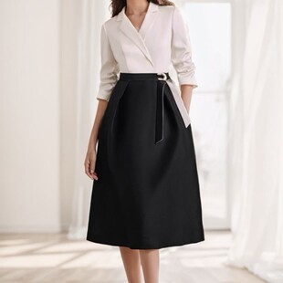 商场同款高端定制春秋季新品翻领撞色高腰伞摆连衣裙女1C34305685