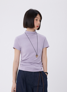 BORAN帛然韩版简约纯色显瘦抽褶收腰短袖亲肤T恤女夏季上衣6013