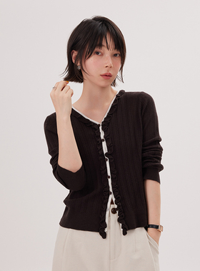 BORAN帛然韩系花边针织开衫2025秋季新款V领修身显瘦针织衫女8067