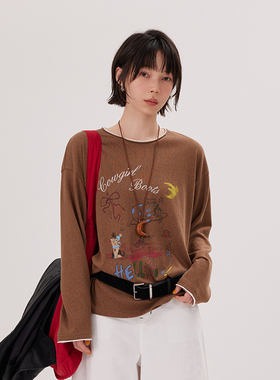 BORAN帛然休闲印花长袖t恤2025冬季新款百搭宽松打底衫女B2E8063S