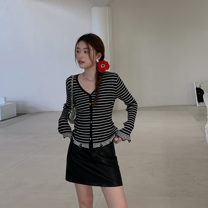 帛然针织衫开衫V领条纹上衣女