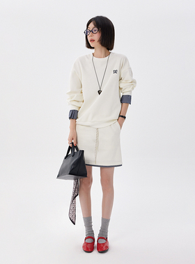 BORAN帛然时尚oversize浅杏卫衣套装简约高级感通勤半裙套装6003