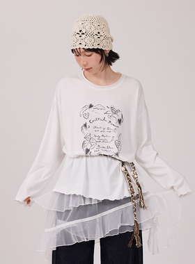 BORAN帛然休闲时髦长袖t恤2025秋季新款宽松中长款印花上衣E8005S