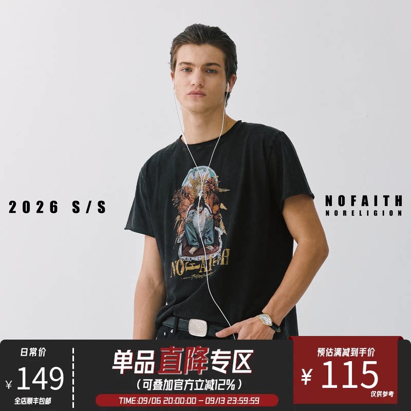 NOFAITH平纹汗布棉180G漫画印花短袖男卷边vintage短宽休闲t恤
