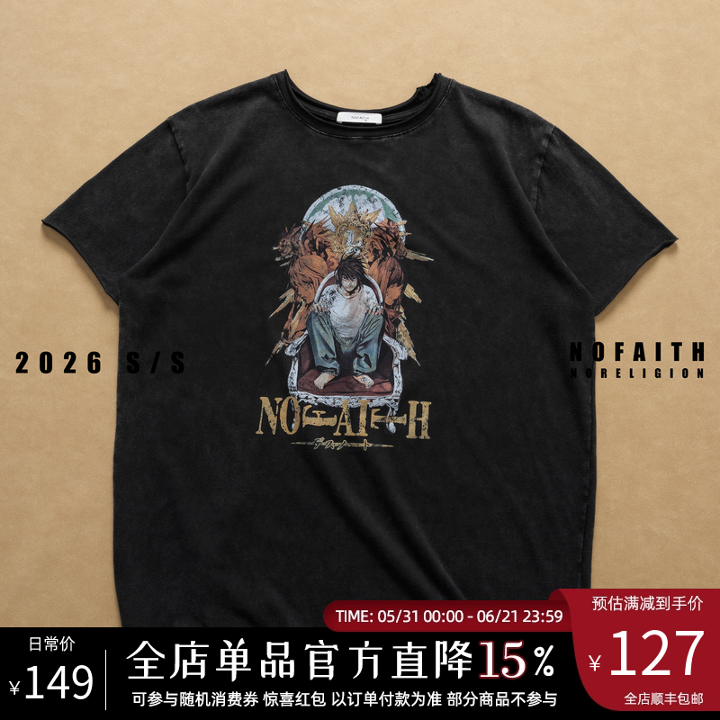 NOFAITH平纹汗布全棉180G漫画印花短袖男卷边vintage短宽休闲t恤