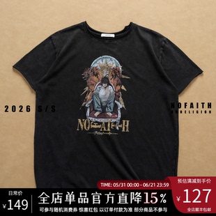 NOFAITH平纹汗布全棉180G漫画印花短袖男卷边vintage短宽休闲t恤