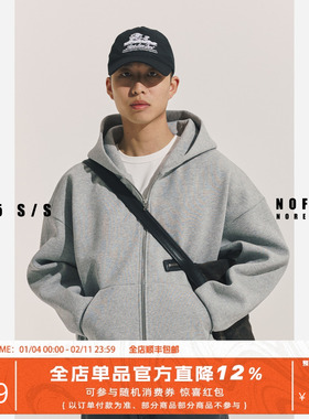 NOFAITH纯色700G连帽cleanfit短宽卫衣男春季复古双拉链休闲上衣