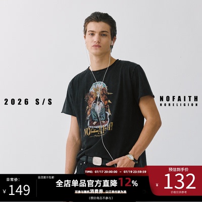 NOFAITH平纹汗布棉180G漫画印花短袖男卷边vintage短宽休闲t恤
