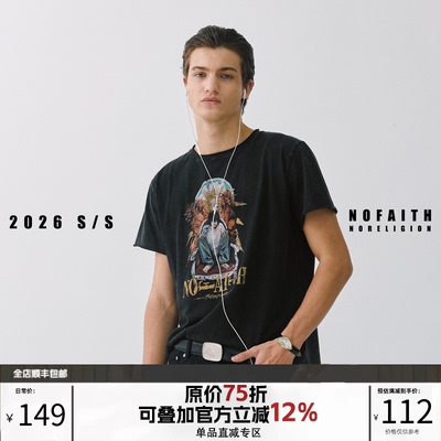 NOFAITH平纹汗布棉180G漫画印花短袖男卷边vintage短宽休闲t恤