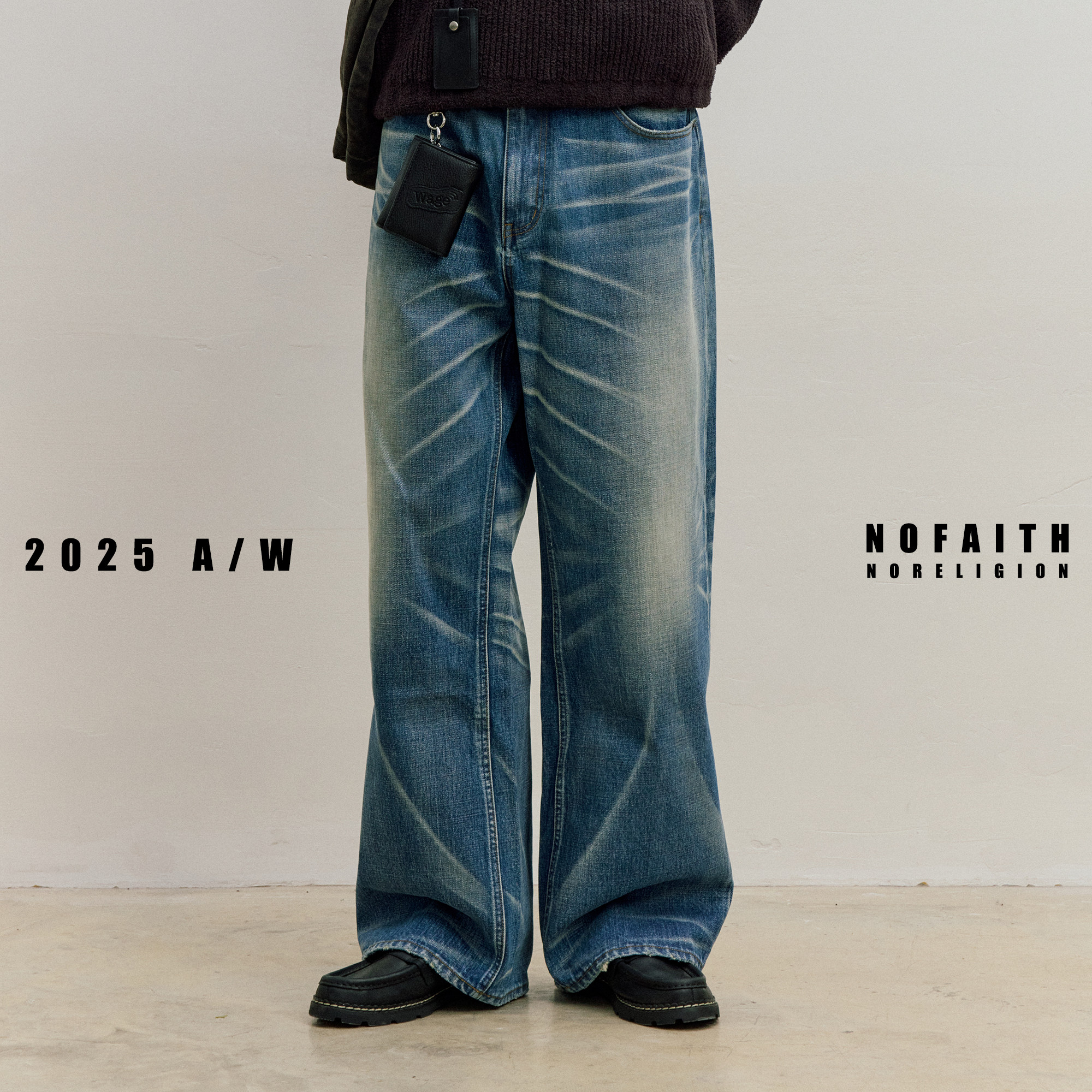 NOFAITH水洗蓝做旧牛仔裤男秋宽松直筒休闲A字版型微喇长裤NK5304