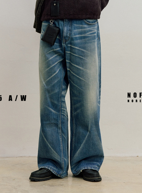 NOFAITH水洗蓝做旧牛仔裤男秋宽松直筒休闲A字版型微喇长裤NK5304