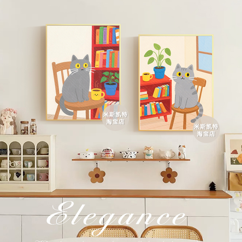 北欧治愈系猫咪动物书房装饰画客厅玄关过道极简小众挂画高级油画图片