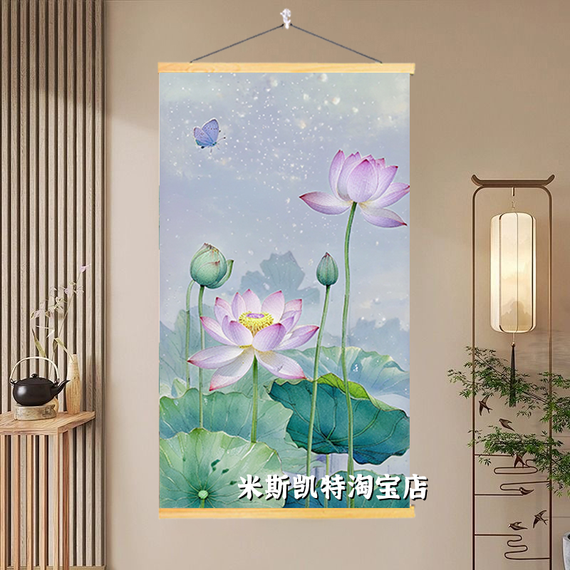 荷花图布艺挂画卷轴挂布背景布中国风禅意卧室客厅玄关古风装饰画图片