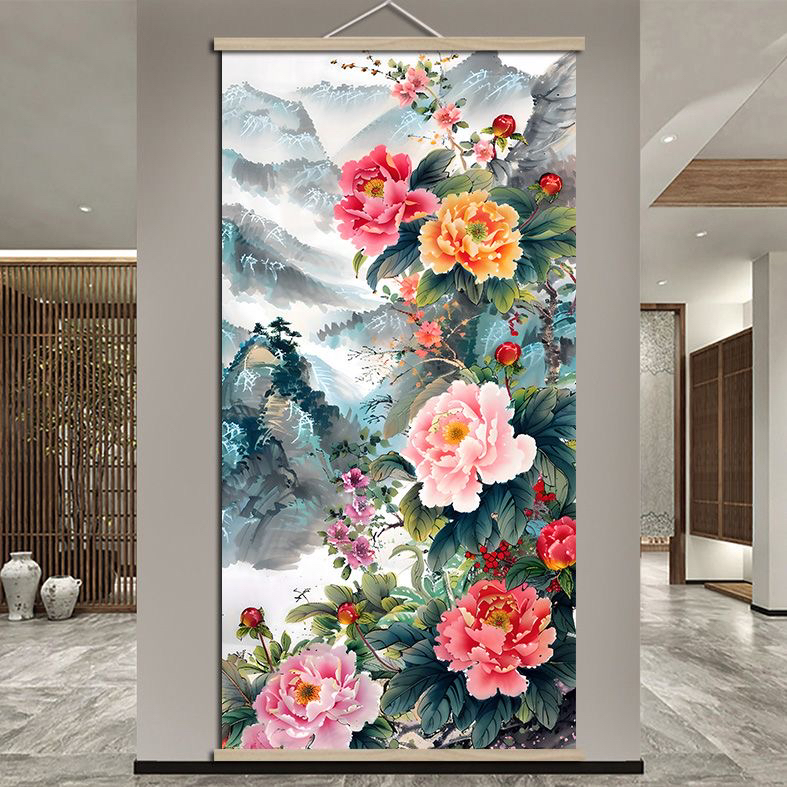 富贵牡丹图家庭装饰卷轴画客厅走廊玄关简约新中式中国风吉祥平安图片