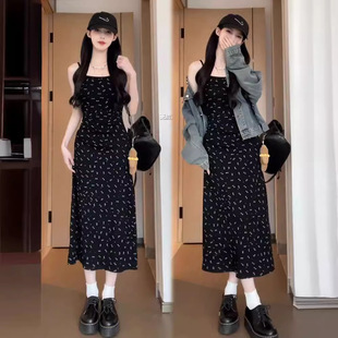 【松本丧丧】黑色碎花修身新款吊带裙气质连衣裙收腰吊带裙中长裙