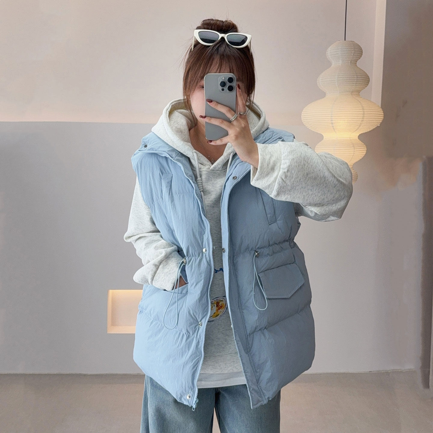 蓝色棉服马甲2025冬新款220斤胖mm大码时尚立领抽绳收腰保暖外套