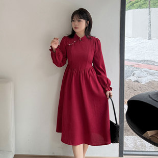新中式连衣裙2025秋新款220斤胖mm大码红色显瘦订婚改良旗袍长裙
