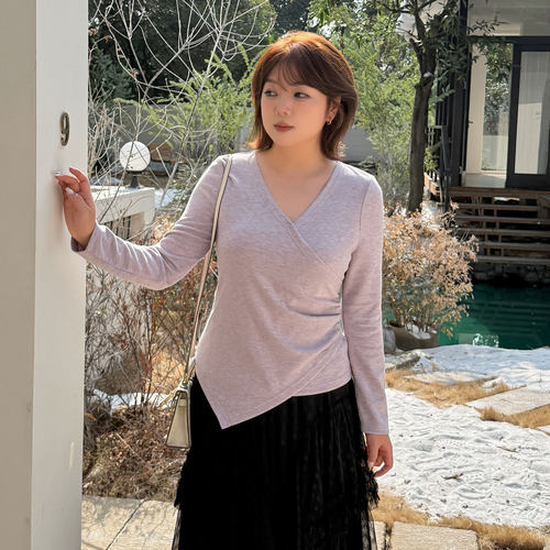 胖mm御姐V领捏褶气质显瘦打底衫