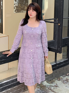 紫色连衣裙2024春季新款220斤胖mm大码法式加绒气质显瘦蕾丝长裙