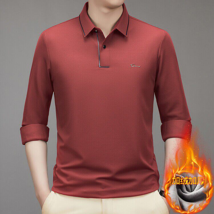 红色男士长袖t恤POLO衫中老年爸爸加绒加厚喜公公婚宴装结婚礼服