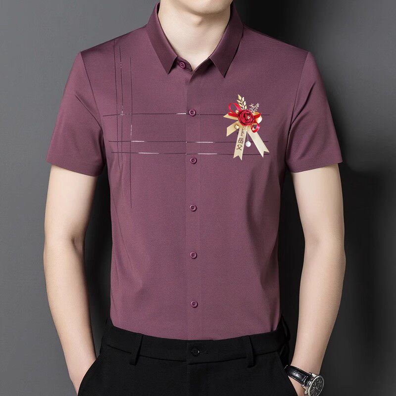 高端喜爸爸装结婚宴礼服公公短袖衬衫男婚宴装红色代东免烫衬衣服