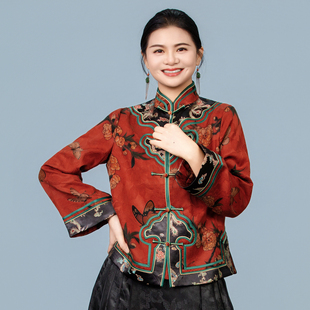 【瑞锦】香云纱短款方领立领斜襟长袖印染上衣秋季提花春季气质