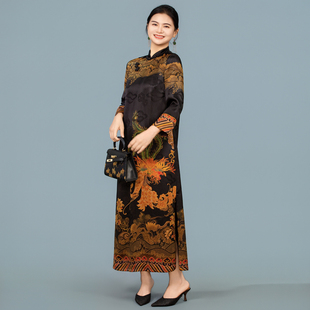 【鸾鸣凤奏】秋季七分袖复古港风厚款印花长裙旗袍重磅冬季显瘦